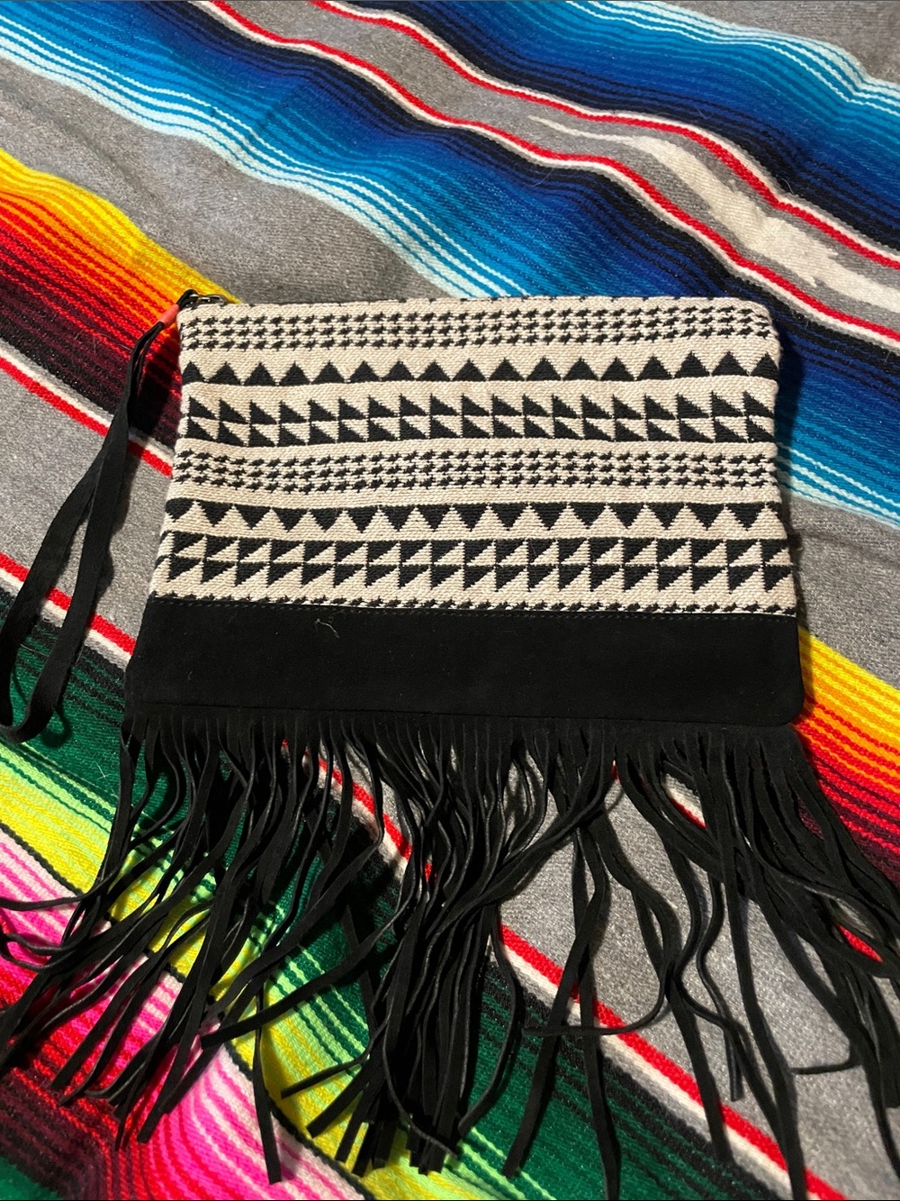 American Eagle Outfitters Black & Cream Geometric Fringe Wristlet